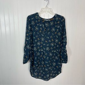 Daniel Rainn Top Xl Floral Blue Orange 3/4 Sleeve Boho Spring Pullover Casual